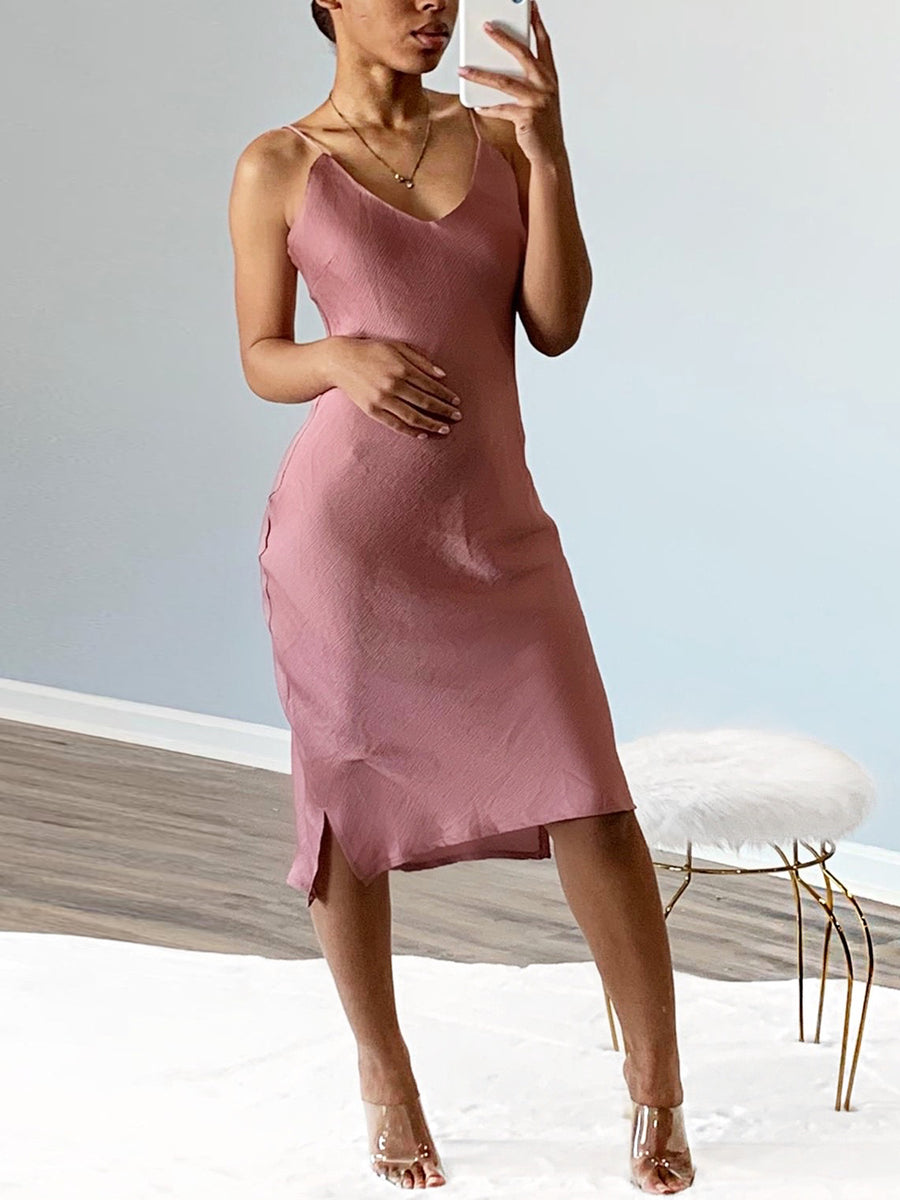 midi shift dress wedding guest Midi Formal Evening Dress with Half Sleeves and Pleated V-Neck