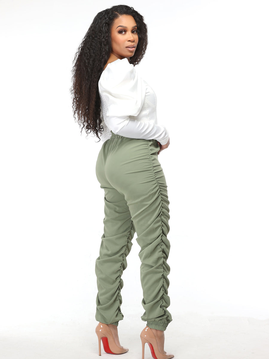 High Waist Ruched Side Pants-Green– Sincerely Trish Boutique