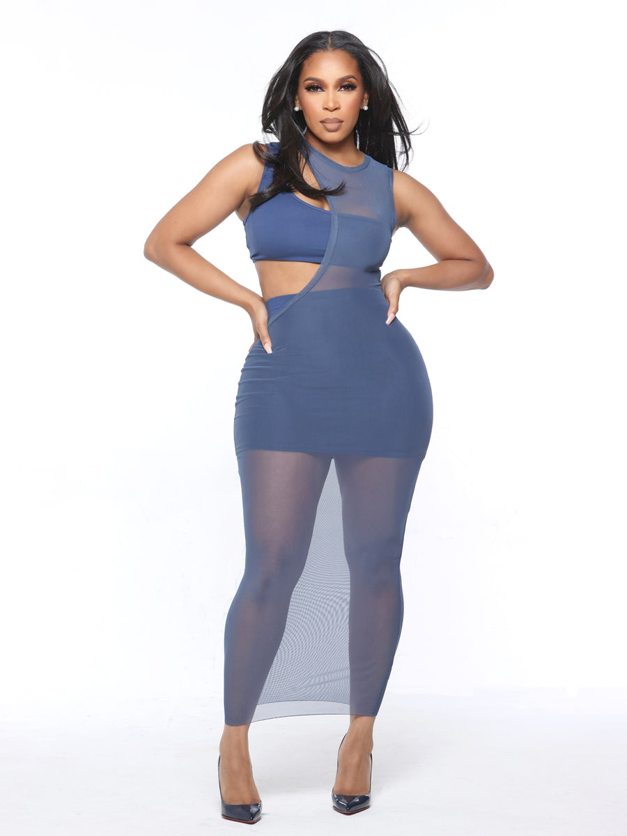 knee length dresses for ladies Three Piece Mesh Dress set-Blue Large