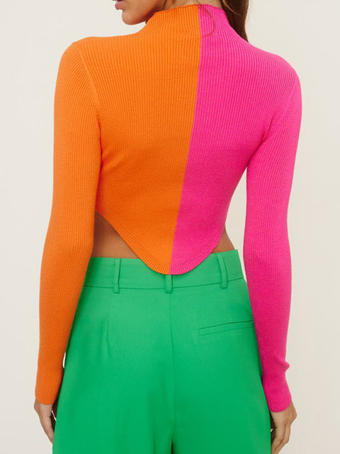 Color block ribbed Cropped turtleneck-Poppy