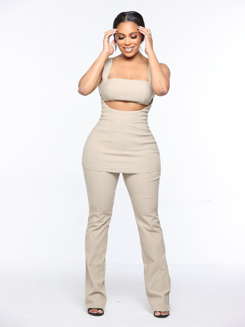 Cut Out Two piece Pant Set-Taupe