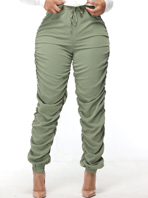 High Waist Ruched Side Pants-Green