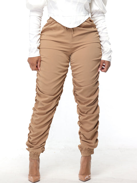 High Waist Ruched Side Pants-Tan
