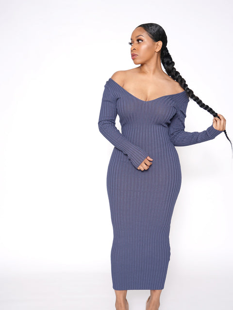 Shavonne Ribbed Dress-Blue