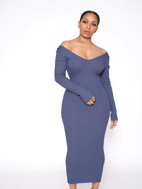 Shavonne Ribbed Dress-Blue
