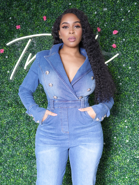 Notched Lapel Denim Jumpsuit