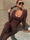 One Piece Solid Long Sleeve Jumpsuit-Brown