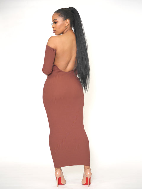 Open Back Kylie Midi Ribbed Dress - Brown