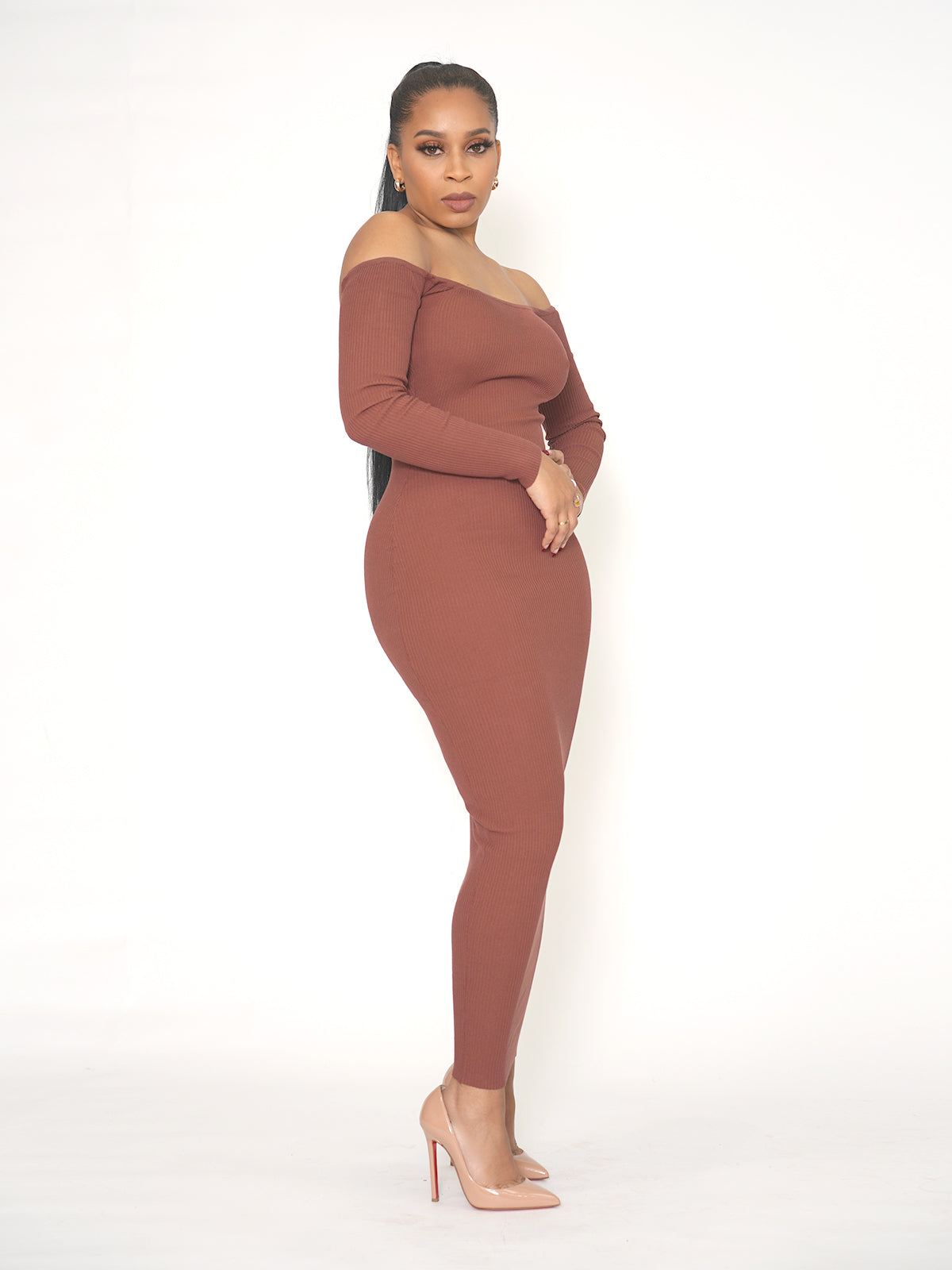 Open Back Kylie Midi Ribbed Dress - Brown Medium Open Back Kylie Midi Ribbed Dress - Brown Medium