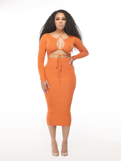 Orange Drawstring Versatile Midi Dress