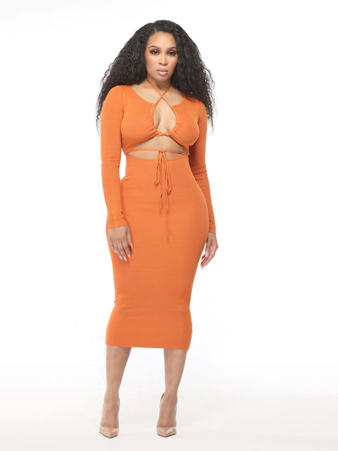 Orange Drawstring Versatile Midi Dress