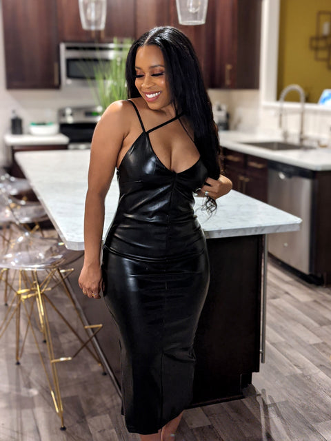 Strapped Leather Midi Dress-Black