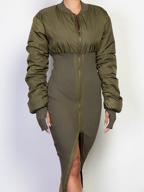 Bomber Jacket Sheath Zip Knit Dress - Olive