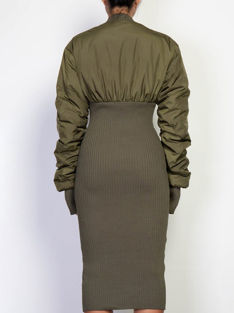 Bomber Jacket Sheath Zip Knit Dress - Olive