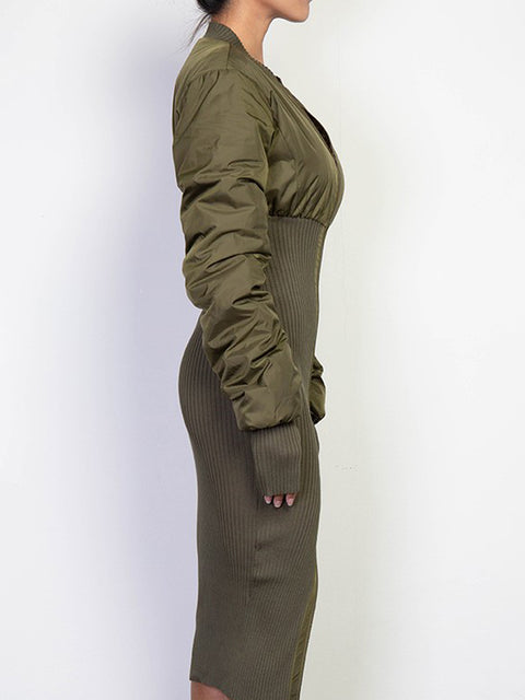 Bomber Jacket Sheath Zip Knit Dress - Olive