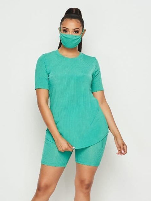 Say So 3-Piece Biker Shorts Set-Green