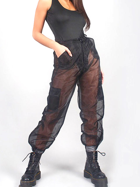 Sheer Cargo Pocketed Cargo Pant-Black