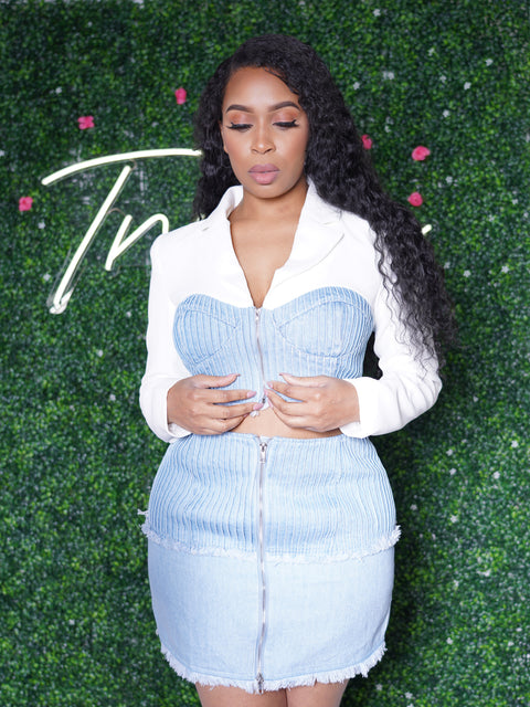 Two Piece Blazer Top Denim Skirt Set