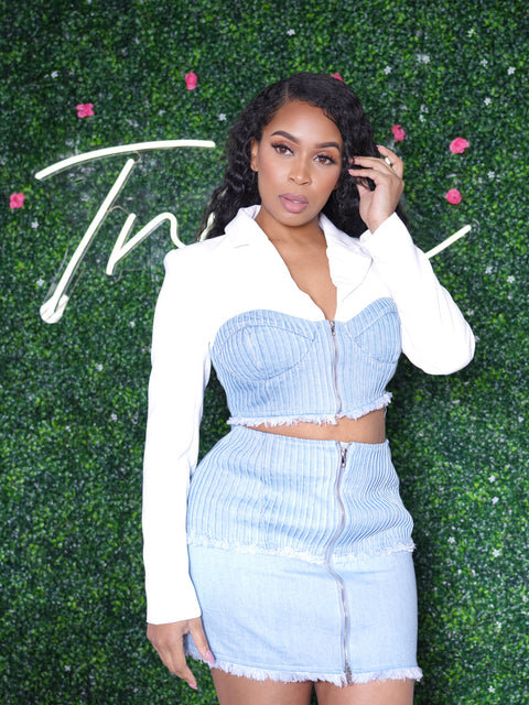 Two Piece Blazer Top Denim Skirt Set