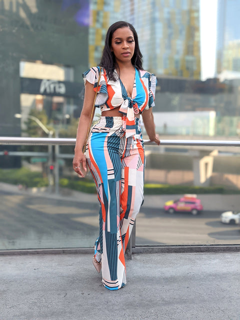Multi-Color Two Piece Crop Top with Wide Leg Pants