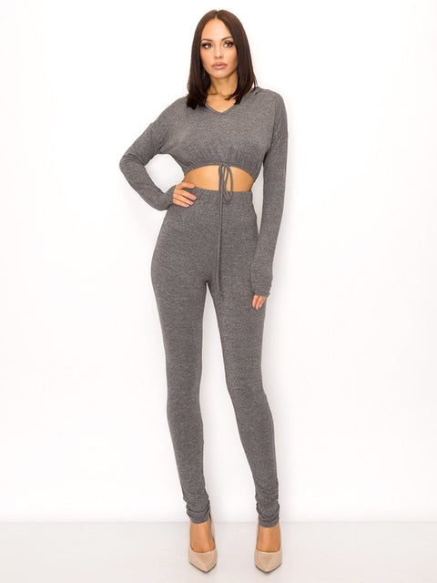 Two Piece Hooded Soft Blend Suit Set-Grey